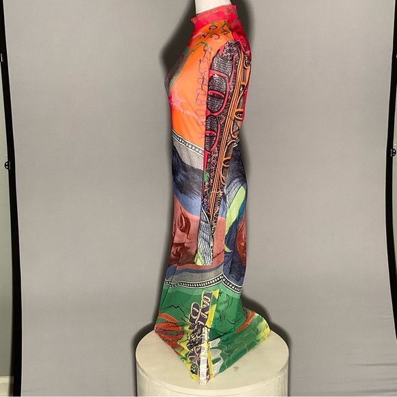 No 1 Los Angeles Long Sleeve Stretch Dollar Print Mesh Bodycon Sexy Maxi Dress - Picture 3 of 14